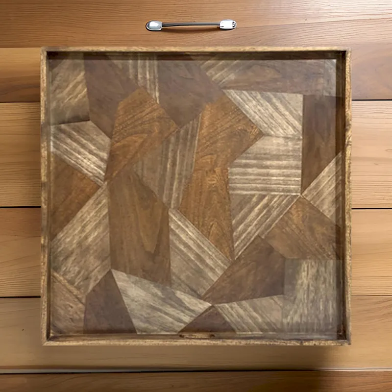 Hely Decorative Wood Tray, 27 Inch Square, Geometric Pattern, Brown Beige