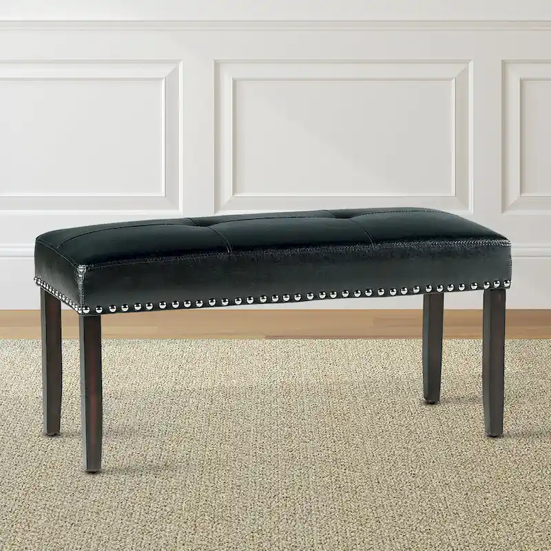Black Faux Leather Dining Bench with Chrome Nailheads
