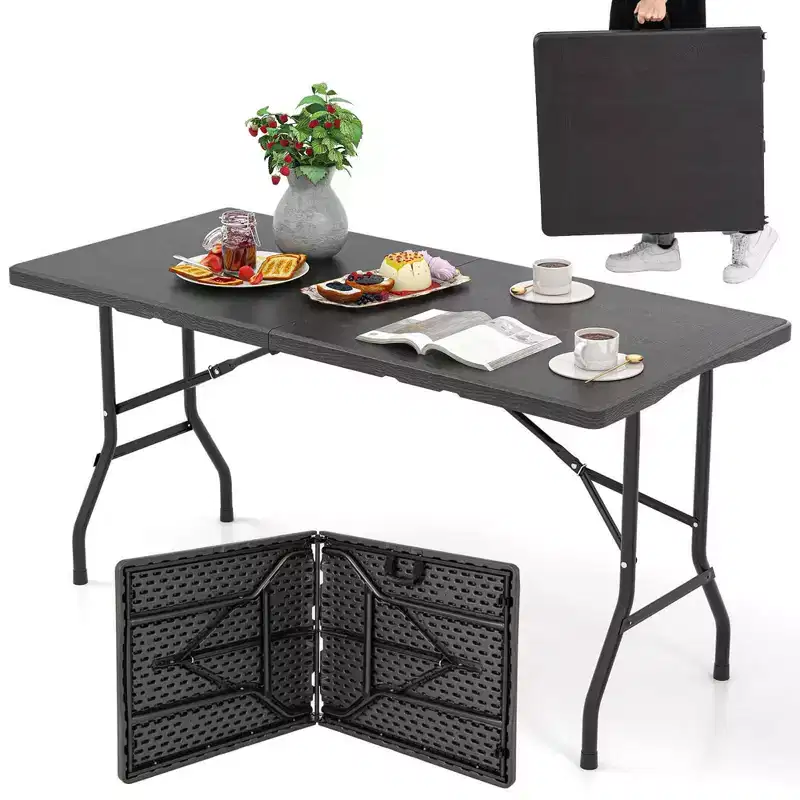 Costway 5 ft Folding Picnic Table Outdoor Dining Table with Rattan Grain HDPE Tabletop Brown/Black
