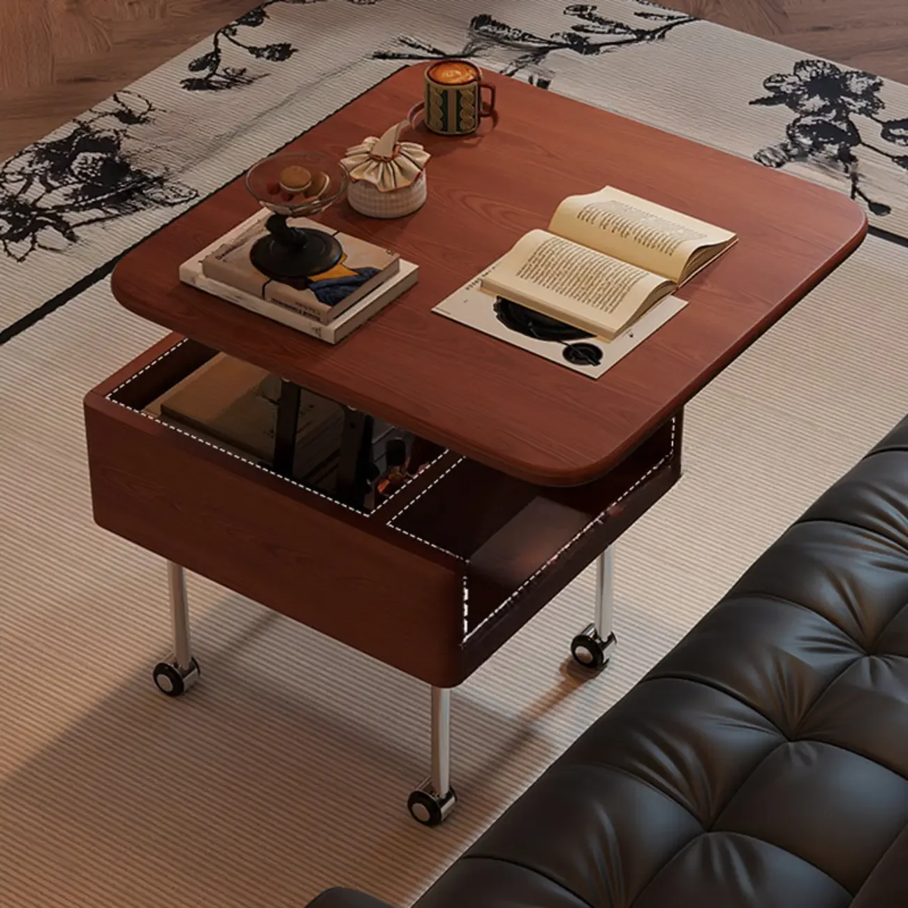 Square Wood Metal Storage Lift-Top Coffee Table with Wheels