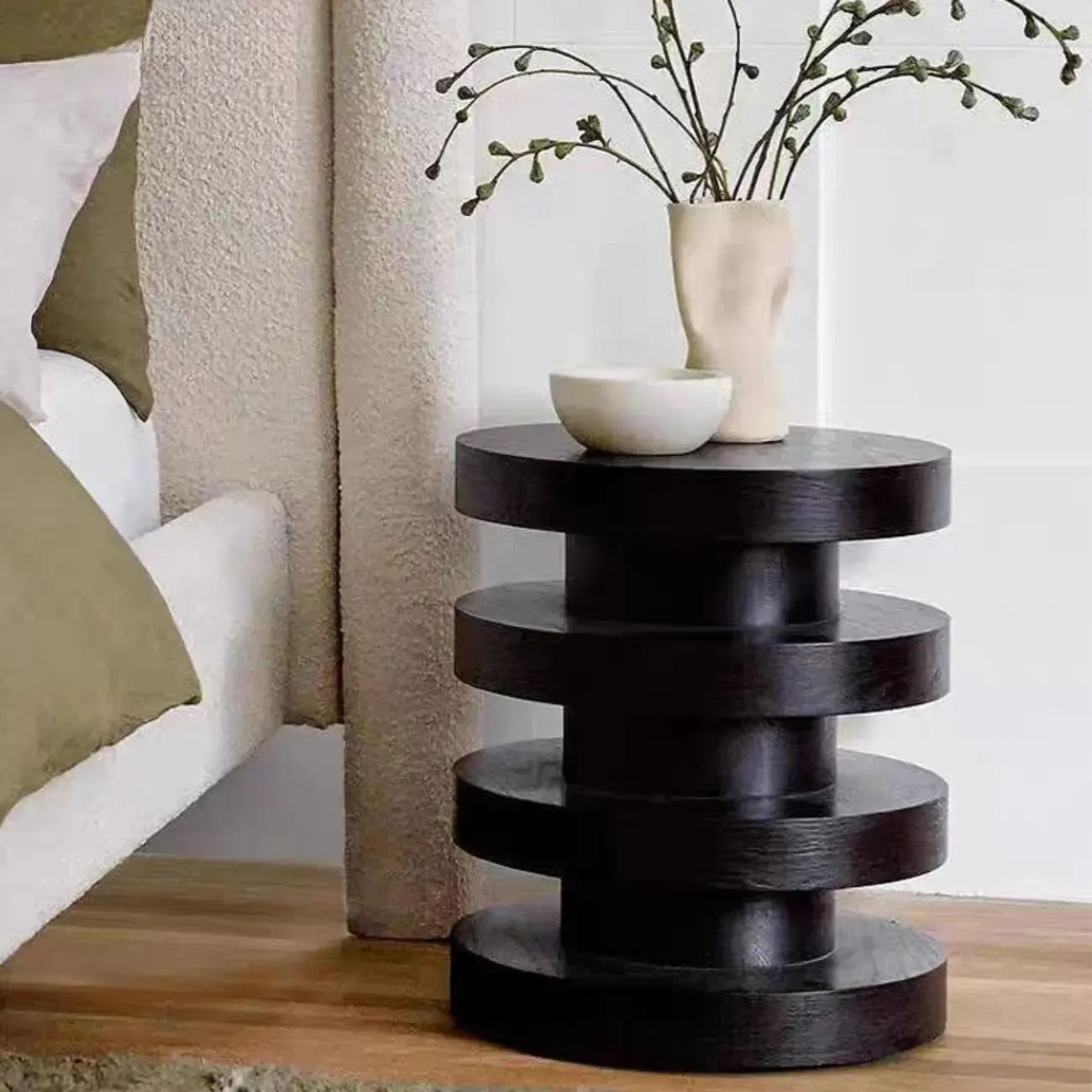 Living Room Black Circular Stacked Wood Side Table