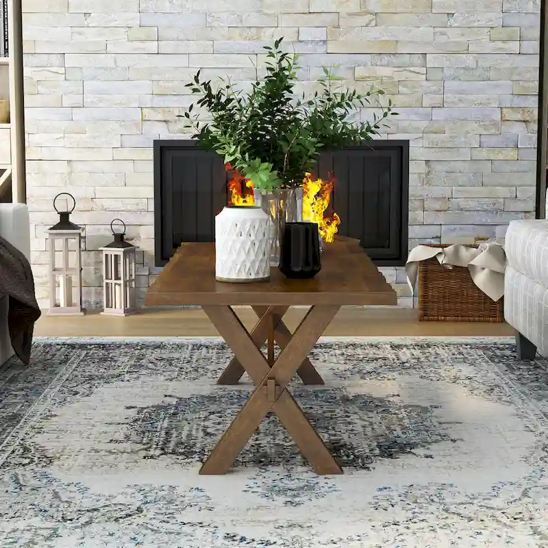 Walnut Solid Wood Coffee Table with Live Edge and X-Shaped Legs