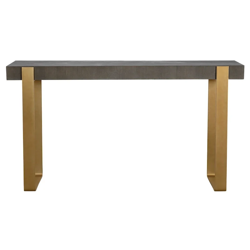 Grey & Gold Rectangular Console Table with Diamond Veneer Top & Brass Strap Legs – Single