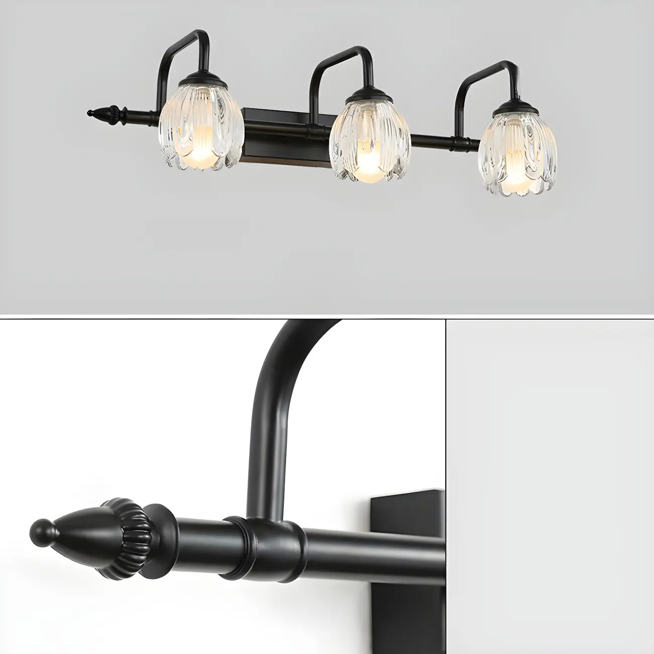 Elegant 3 heads Black Metal Wall Lamp with Crystal Globe