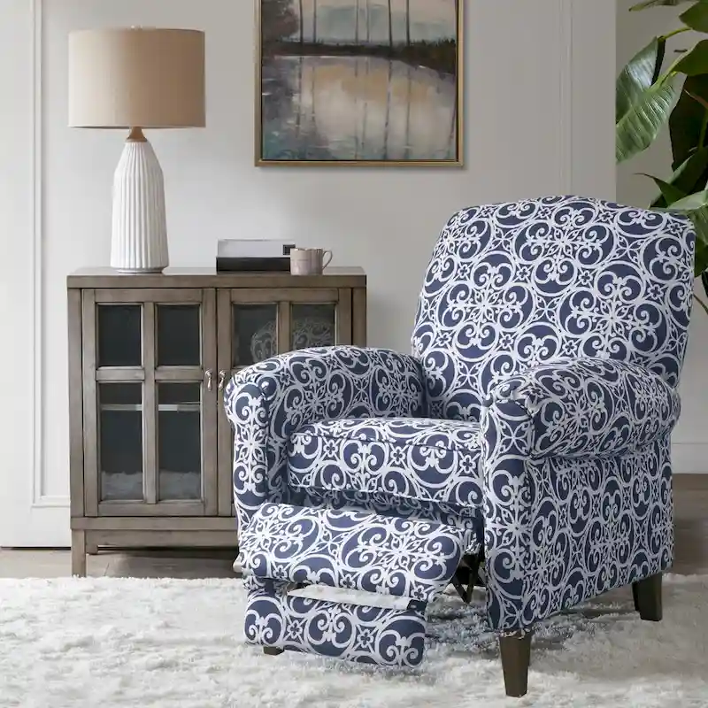 Navy Patterned Push Back Recliner Chair with Rolled Arms