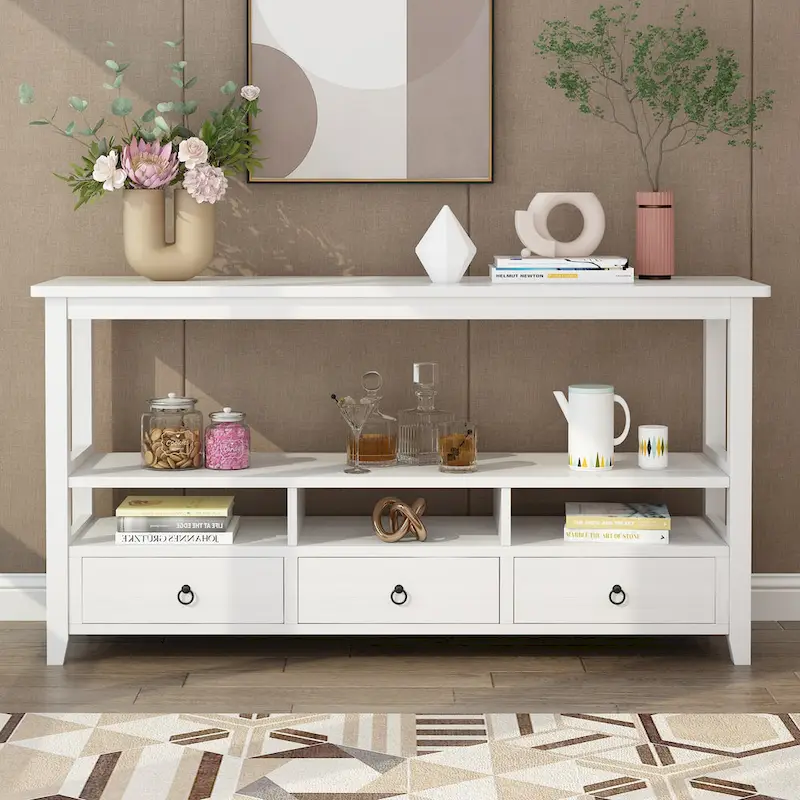 Black / White Vintage American Country Style MDF Console Table with 4 Drawers & 3 Tiers
