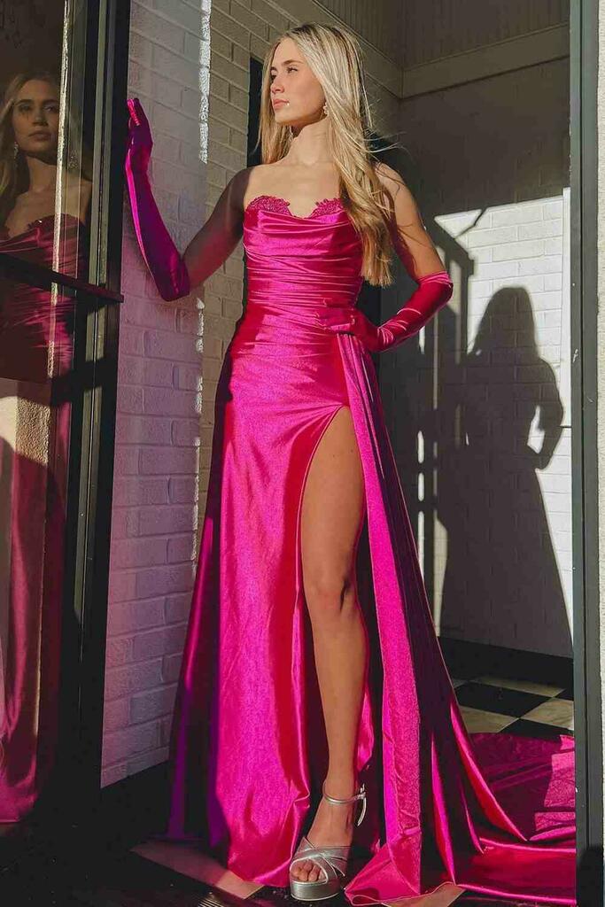 Mermaid Strapless Satin Prom Dress with Slit