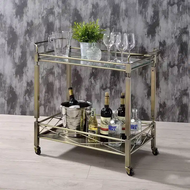 Acme Furniture Matiesen Bar Serving Cart Clear Glass Antique Gold Finish