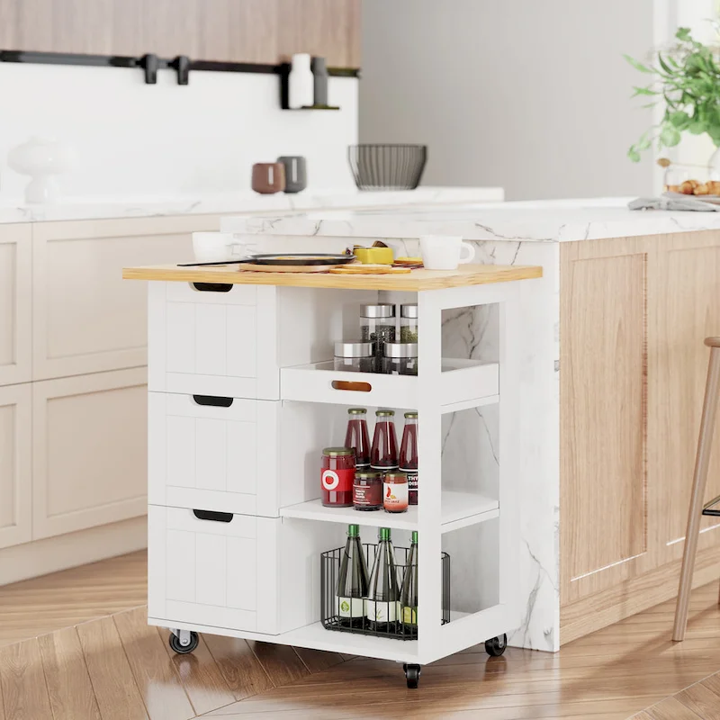 Futzca Kitchen Island Cart with 3 Open Shelves and 3 Drawers - N/A