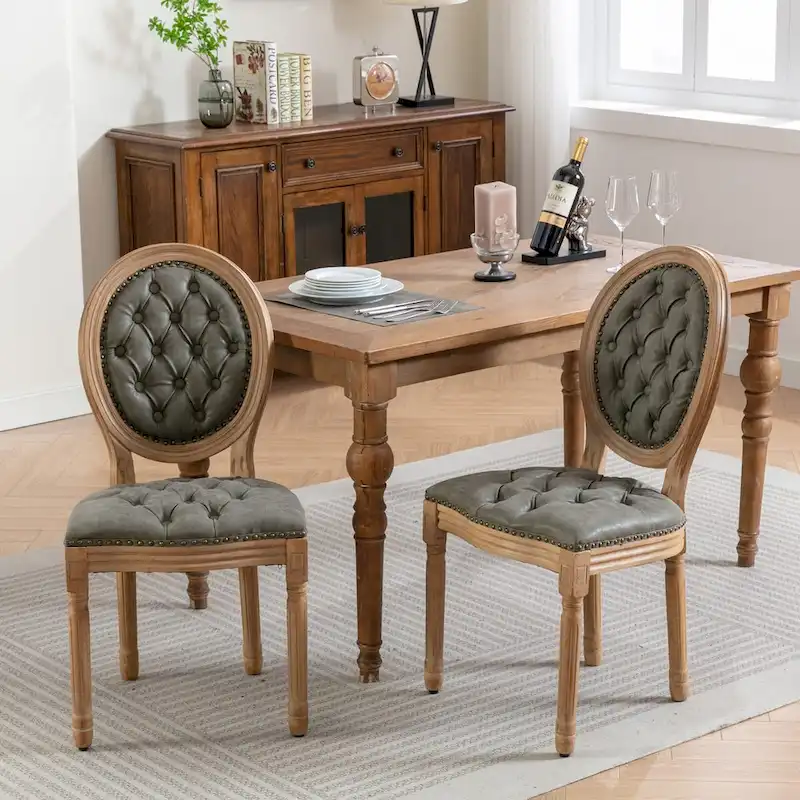 Mid-century Modern Dining Chairs Set of 4, PU Leather High-end Tufted Dining Room Chair with Nailhead Trim Solid Wood Legs