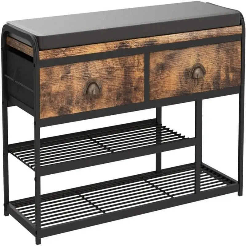 Industrial Entryway Bench with Shoe Storage and Drawer
