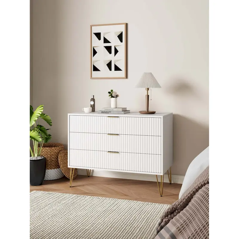 Golden Brown / White & Grey / Black / Grey / White / Midnight Blue / Olive Green Modern 3-Drawer Dresser with Gold Splayed Legs - Single Use
