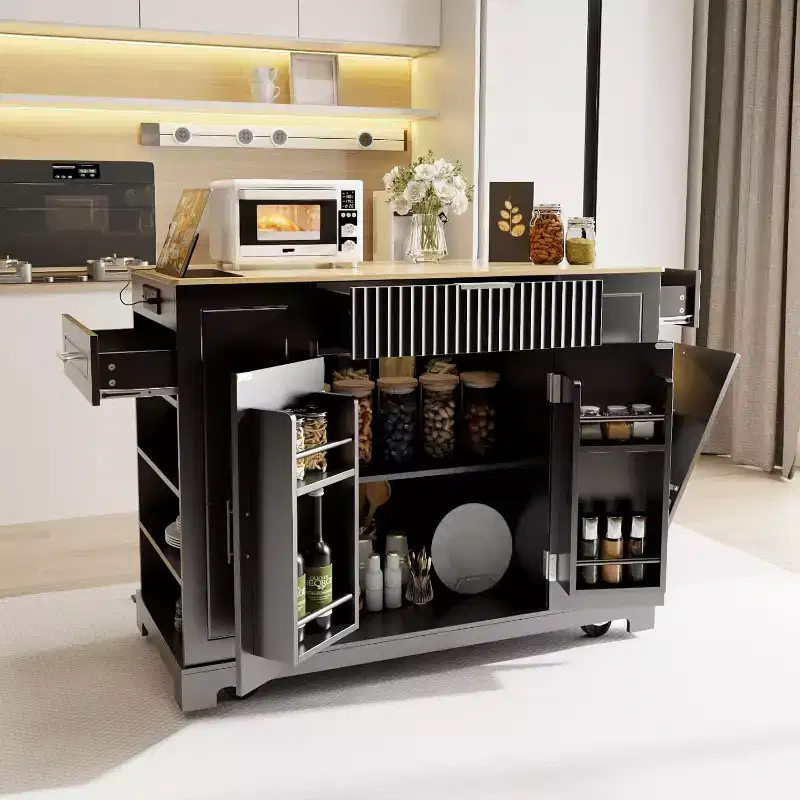 MooxvMoo Rolling Kichen Island on Wheels with Power Outlet, Portable Kitchen Island Cart with Trash Can Storage for 10 Gallon Black