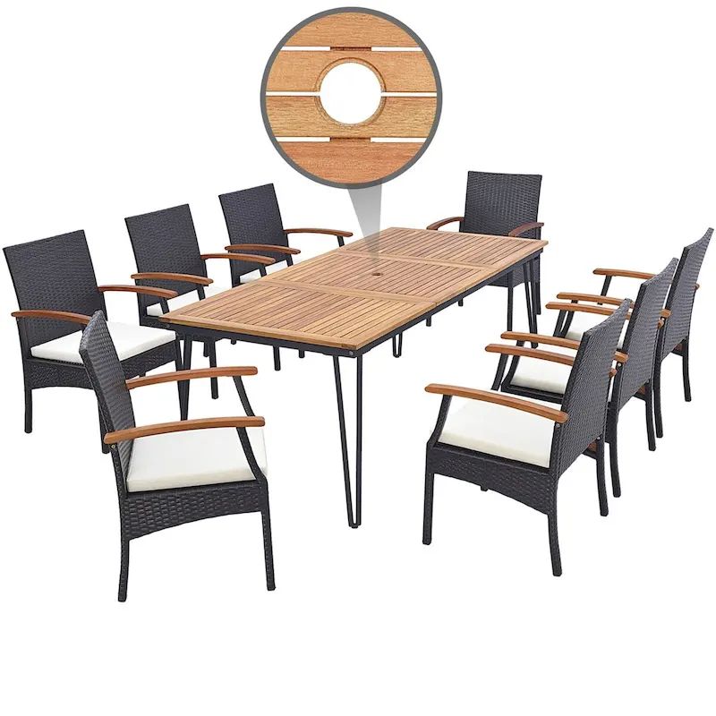 9 PCS Patio Rattan Dining Set Outdoor Table&Chair Set w/ Umbrella Hole