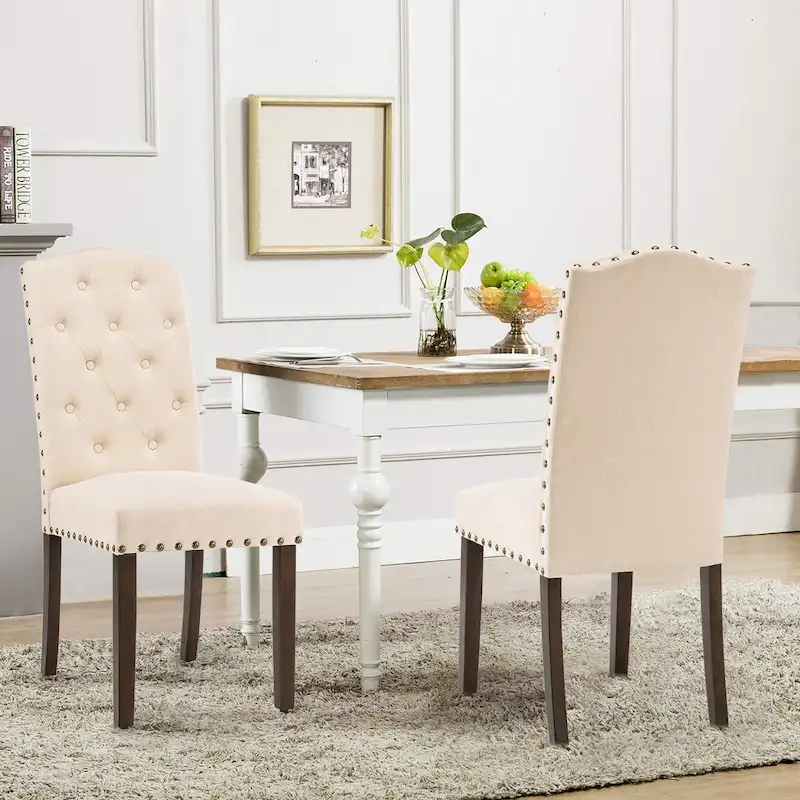 Tufted High Back Dining Chairs Set of 2 - Fabric Upholstered, Nailhead Trim, Wood Legs, Easy Assembly