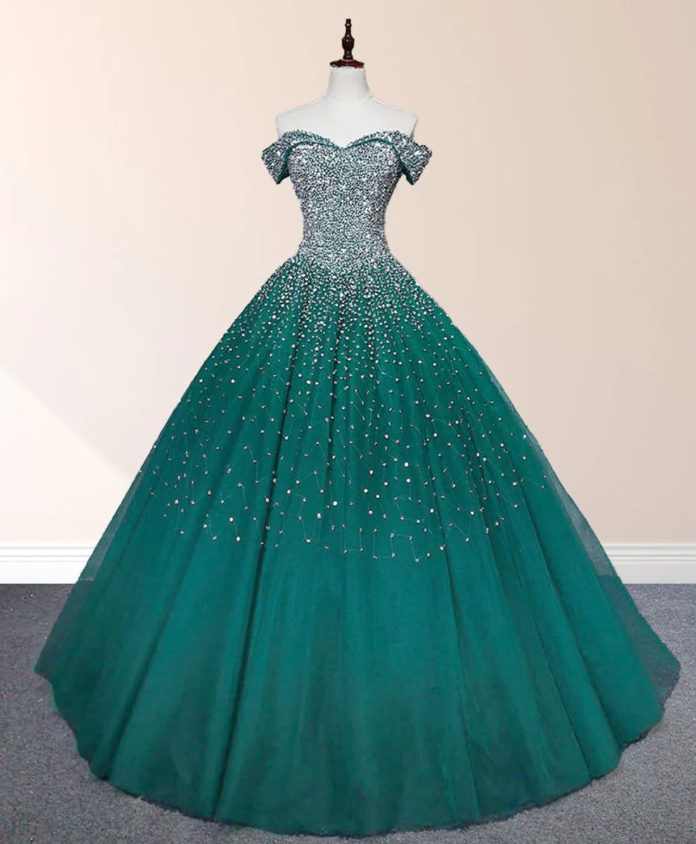 Emerald Green Off The Shoulder Tulle Quinceanera Dresses With Beadings