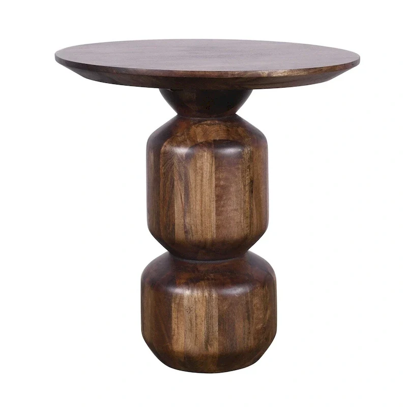 Brown Smoked Solid Mango Wood Round Pedestal Side End Table with Stacked Geometry Base