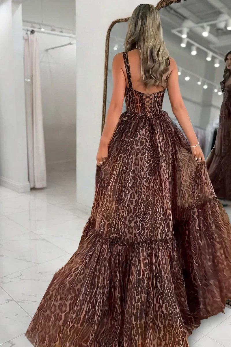 Leopard - Spaghetti Straps A Line Chiffon Prom Dress With Ruffles