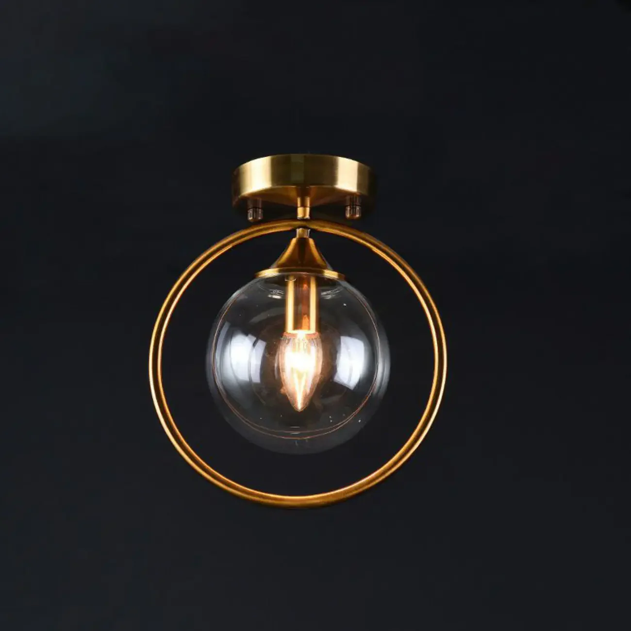 1-Light Circular Brass Glass Ball Semi Flush Ceiling Light