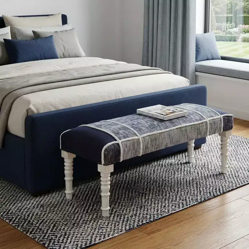 HomeRoots 47 Blue And Gray Textural White Leg Upholstered Bench