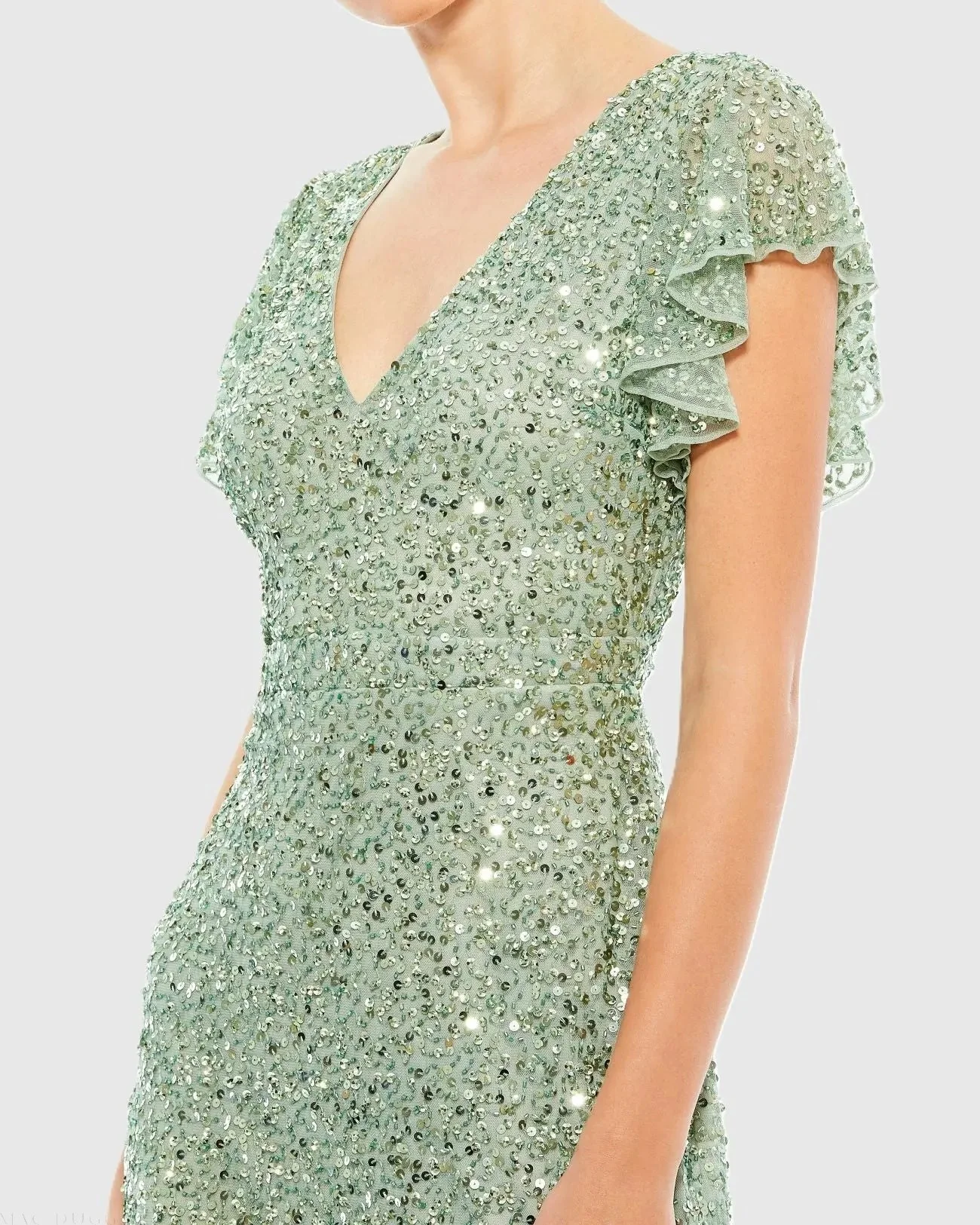 Green Sequined V Neck Flutter Cap Sleeve Trumpet Dress