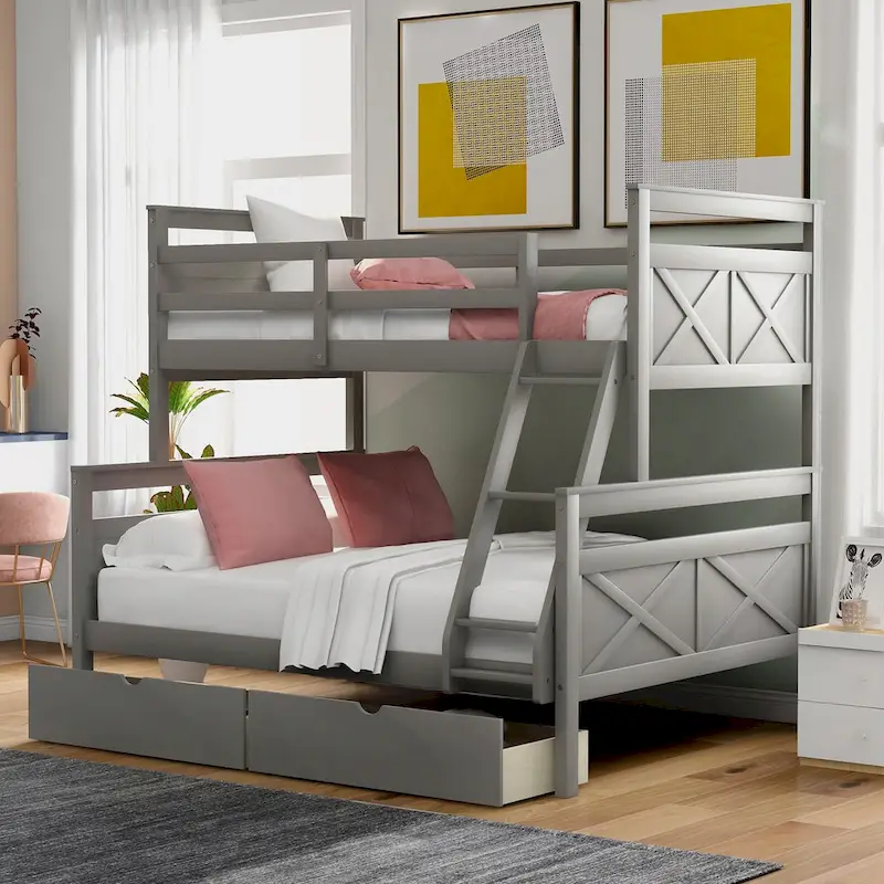White/Grey Twin-over-Full Bunk Bed with Drawers, 2-Person