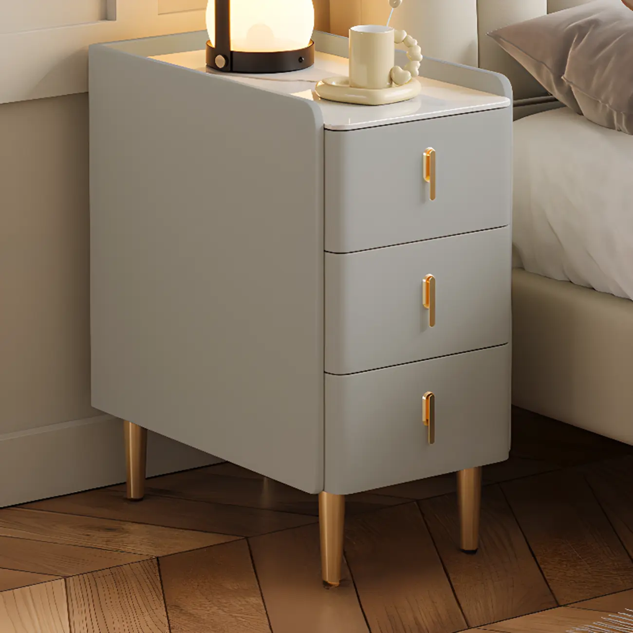 Glam Marble Top Wooden Cream 3 Drawers Nightstand