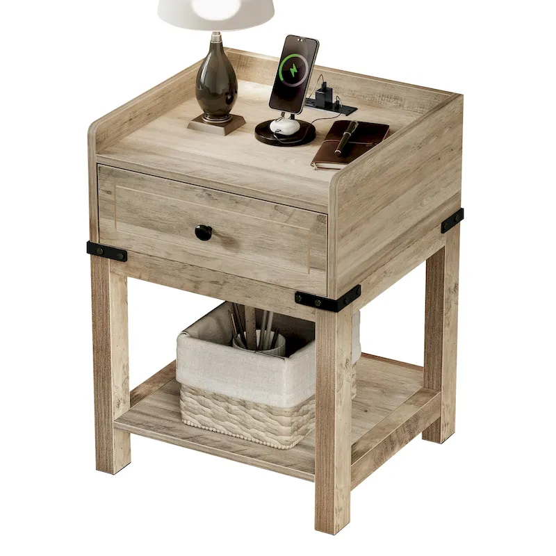Grey Farmhouse Style End Table with Charging Station – 1 Person