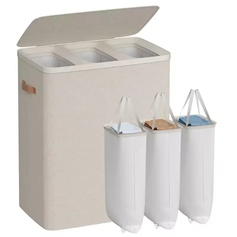 Laundry Hamper, 50.2 Gal 3-Compartment Basket with Lid & Removable Liners, for Whole Family Laundry Sorting