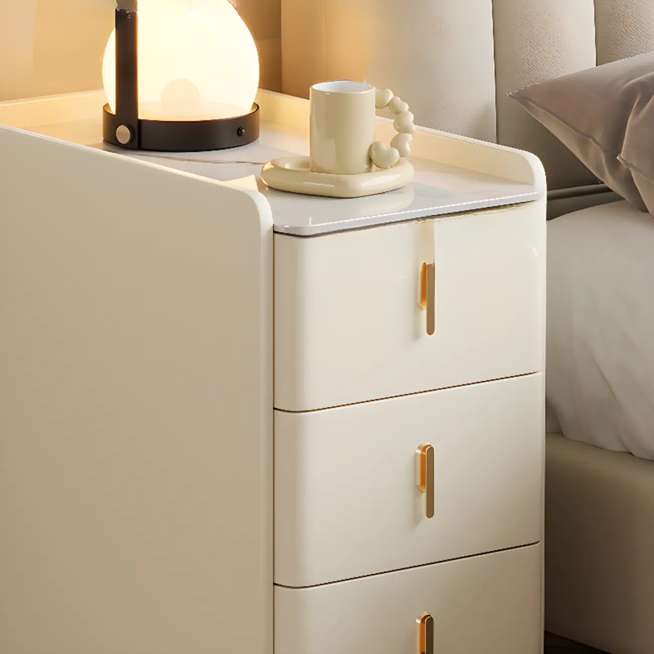 Glam Marble Top Wooden Cream 3 Drawers Nightstand