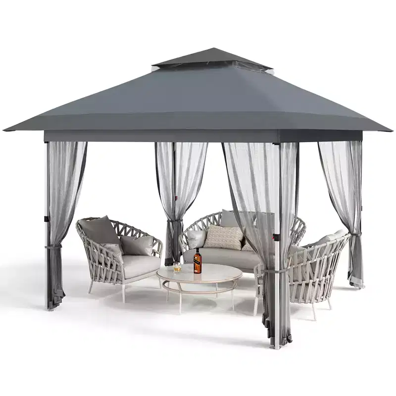 12'x12' Outdoor Gazebo Canopy Tent with 2-Tiered Vented Top, Mosquito Netting & Curtains, Pop Up Shelter for Patio & Backyard