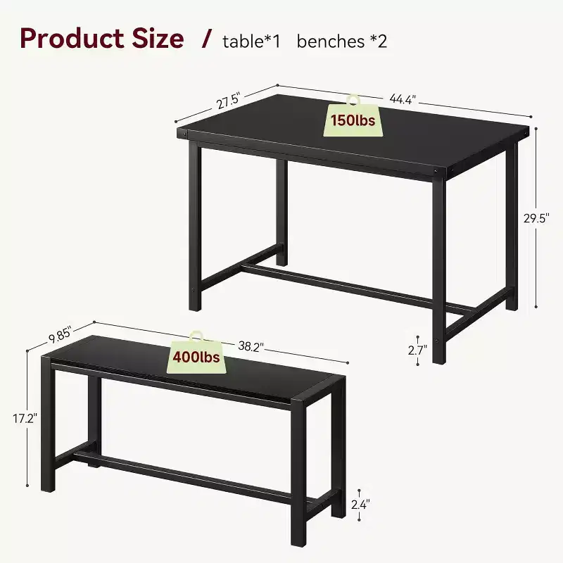 CuisinSmart Farmhouse Dining Table Set for 4 People, 44.4'' Kitchen Table Set with 2 Benches, 3 Piece Rectangular Breakfast Table Set