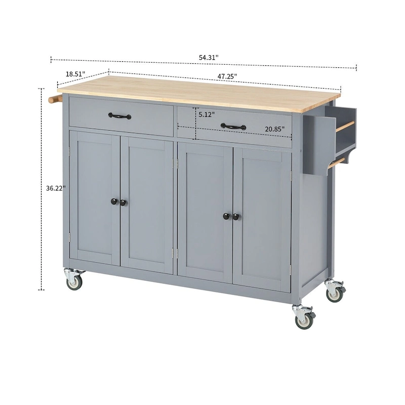 Classic Wooden Kitchen Island Cart with 2 Drawers, 2 Cabinets, a Towel Rack and a Spice Rack