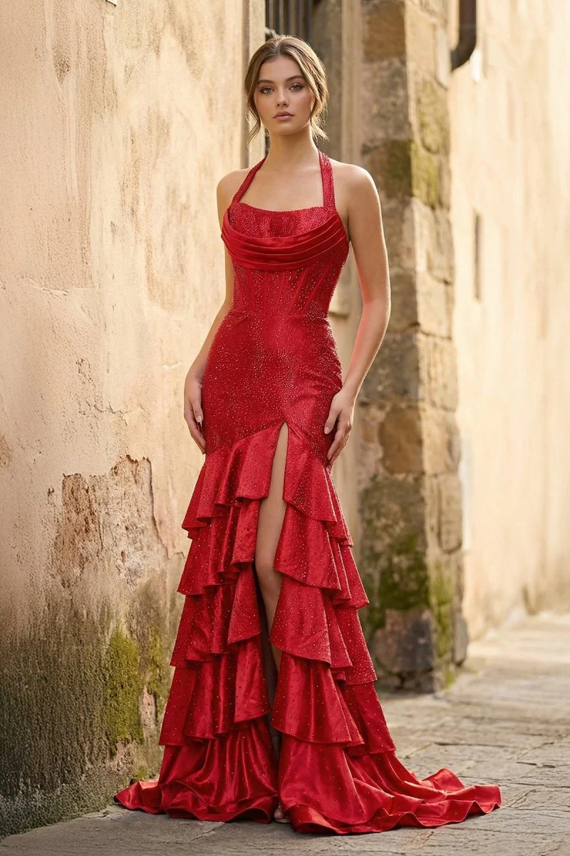Red Halter Mermaid Satin Beaded Long Formal Prom Dresses With Ruffles