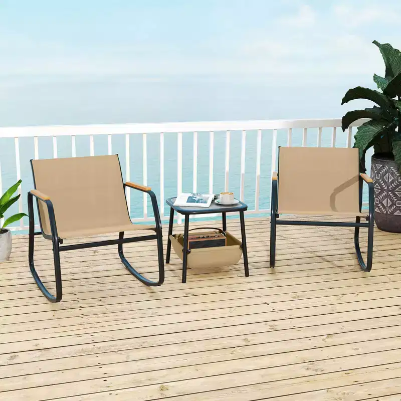 Costway 3 Piece Rocking Bistro Set with Storage Bag PS Armrests & Tabletop Metal Frame Brown/Black