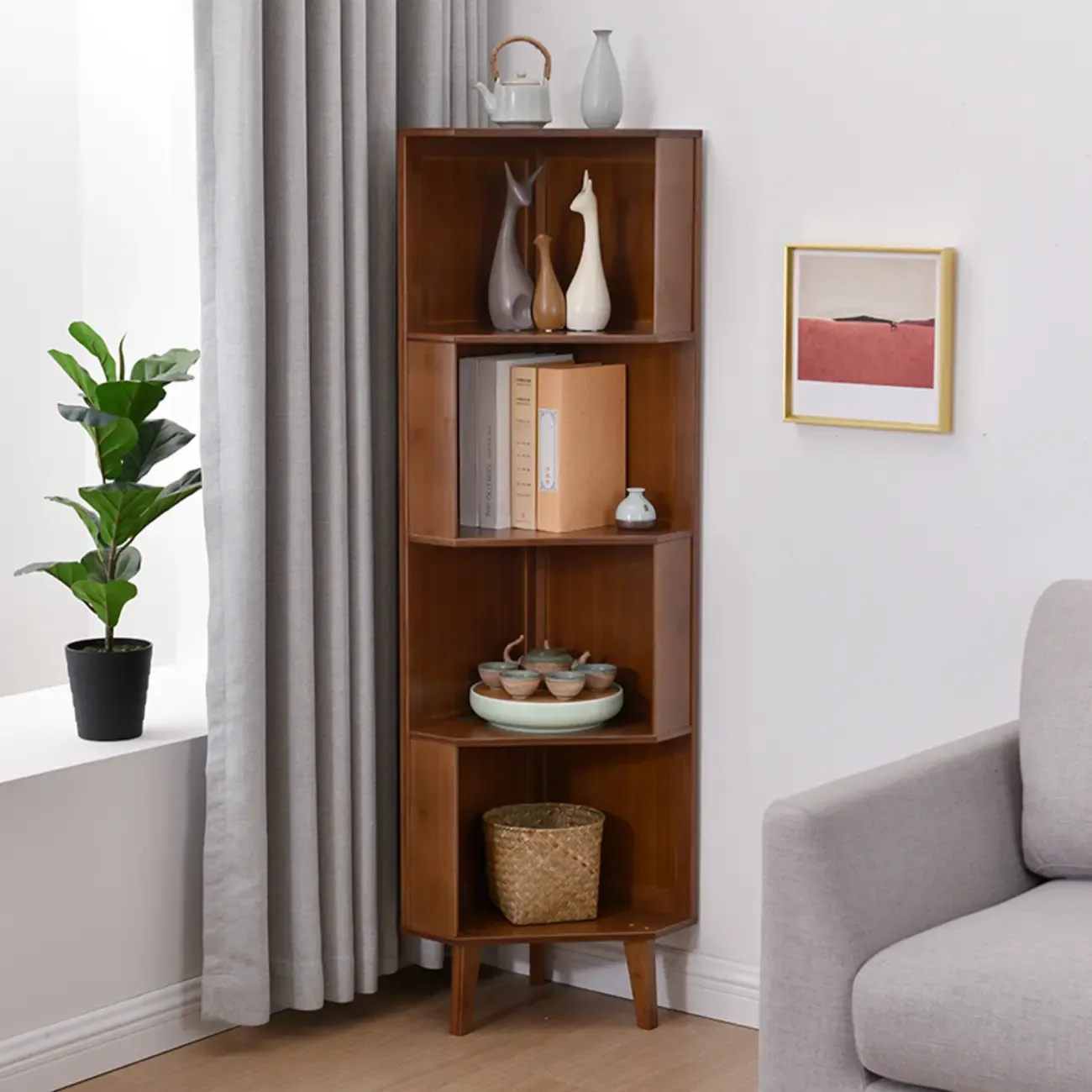 Modern Brown Wooden Corner Display Storage Cabinet for Home