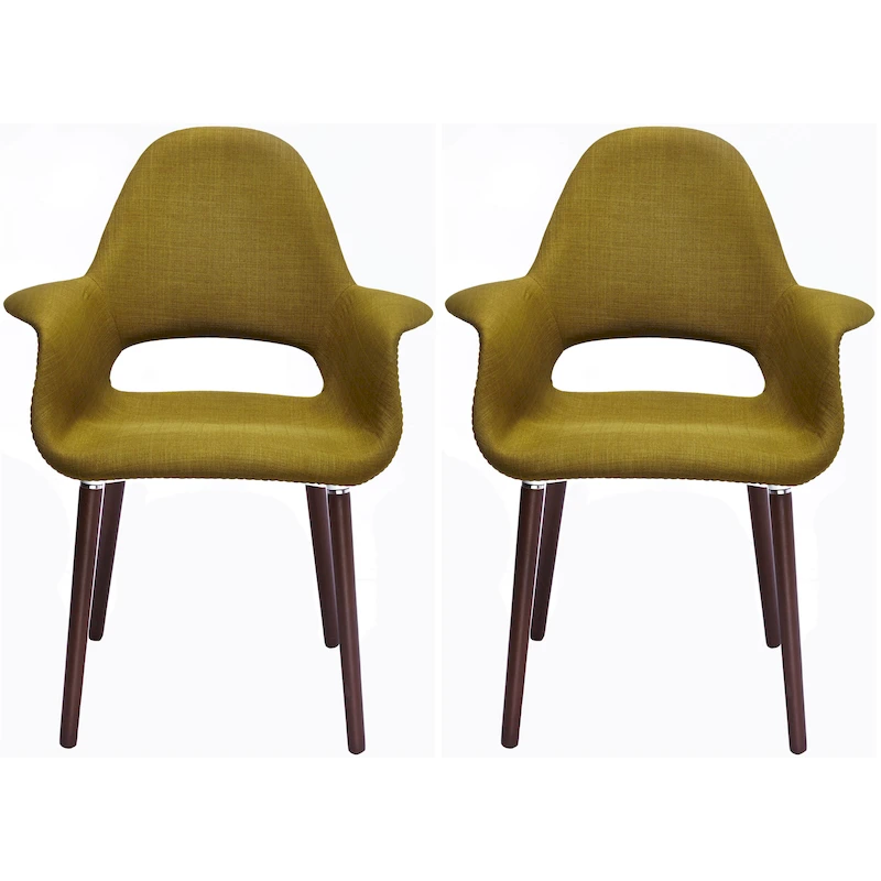 Set of 2 Organic Upholstered Fabric Modern Armchairs with Dark Walnut Brown Wooden Legs for Dining Room Office or Accent Chair