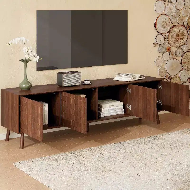 GDFStudio Lakelyn70 Modern TV Stand with Solid Wood Legs and Textured Square Pattern Doors