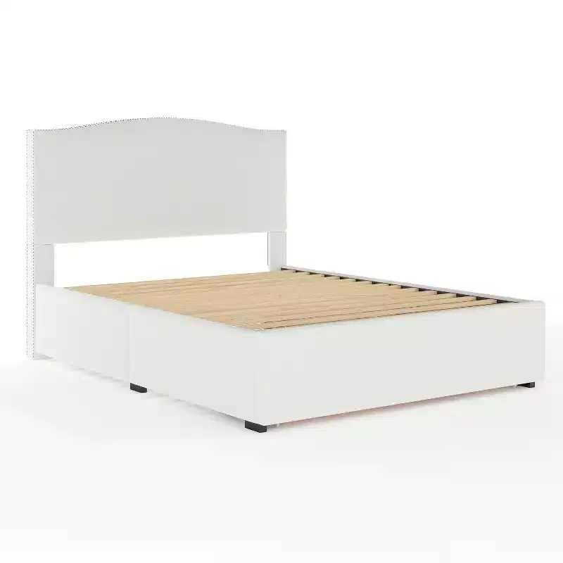 Martha Stewart Nyla Upholstered Platform Bed with Curved Nailhead Headboard and Footboard Storage Drawer, Wood Slat Foundation, No Box Spring Needed