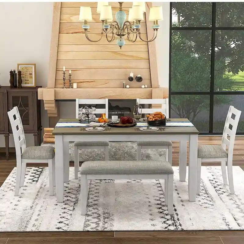 60 Farmhouse Rectangular Dining Table with 4 Upholstered Chairs and Bench