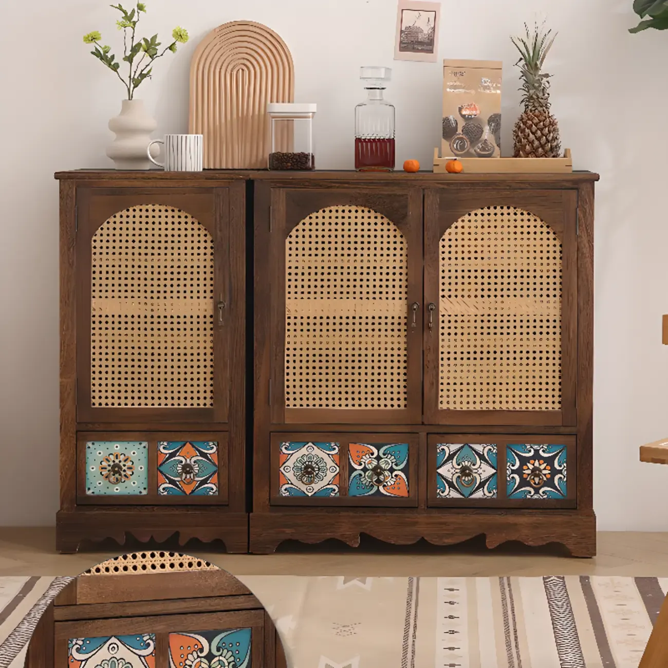Tropical Wooden Artistic Cabinet with Drawers & Rattan Door