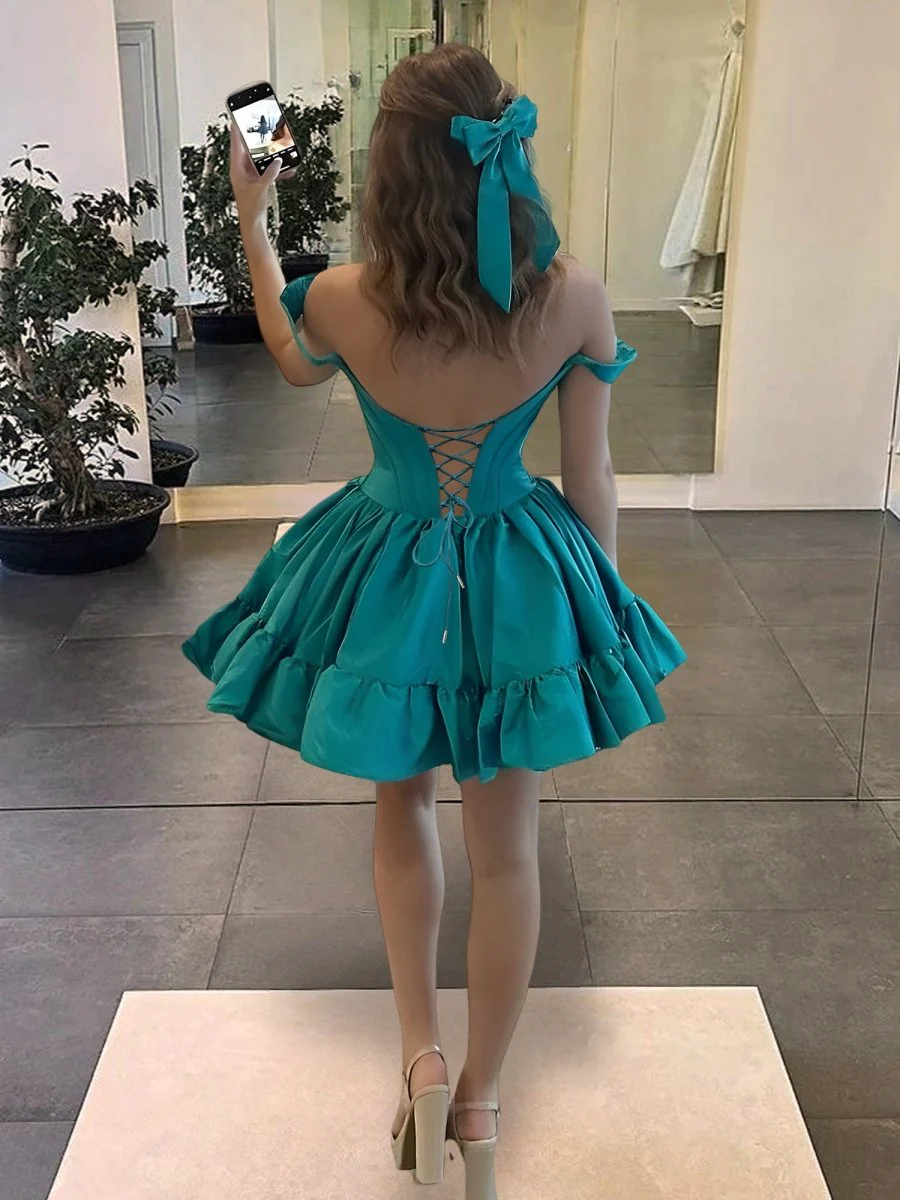 Peacock - Off The Shoulder A Line Pleated Satin Short Homecoming Dress