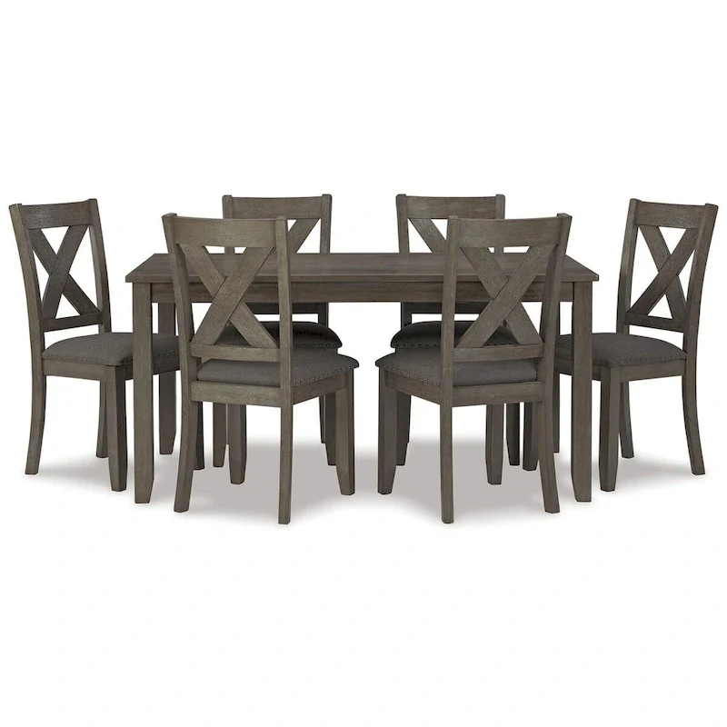 7 Piece Dining Table Set, Lattice Back Chairs, Dark Gray Wood, Polyester