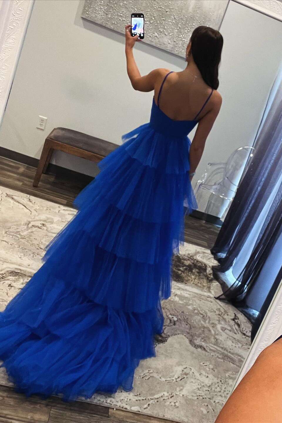 Blue Print Halter Keyhole Ruffle Tiered Long Prom Dress