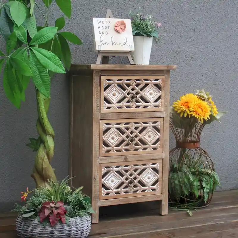 Wooden Accent Table with 3 Cutout Carved Drawers,Vintage Side Table