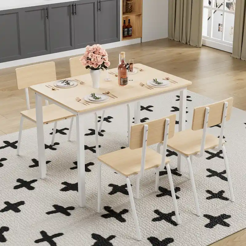 Kitchen Dining Table Set Metal Frame Breakfast Table with 4 Dining Chairs Modern Casual Dining Table Set 5-Piece Dining Set