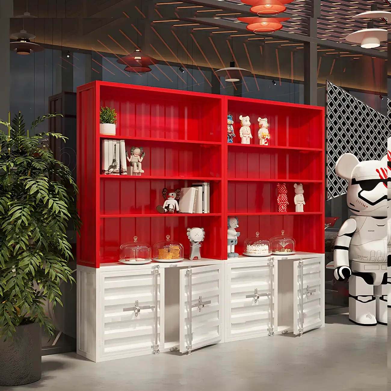 Industrial Red Metal Display Cabinet with Open Storage for Home