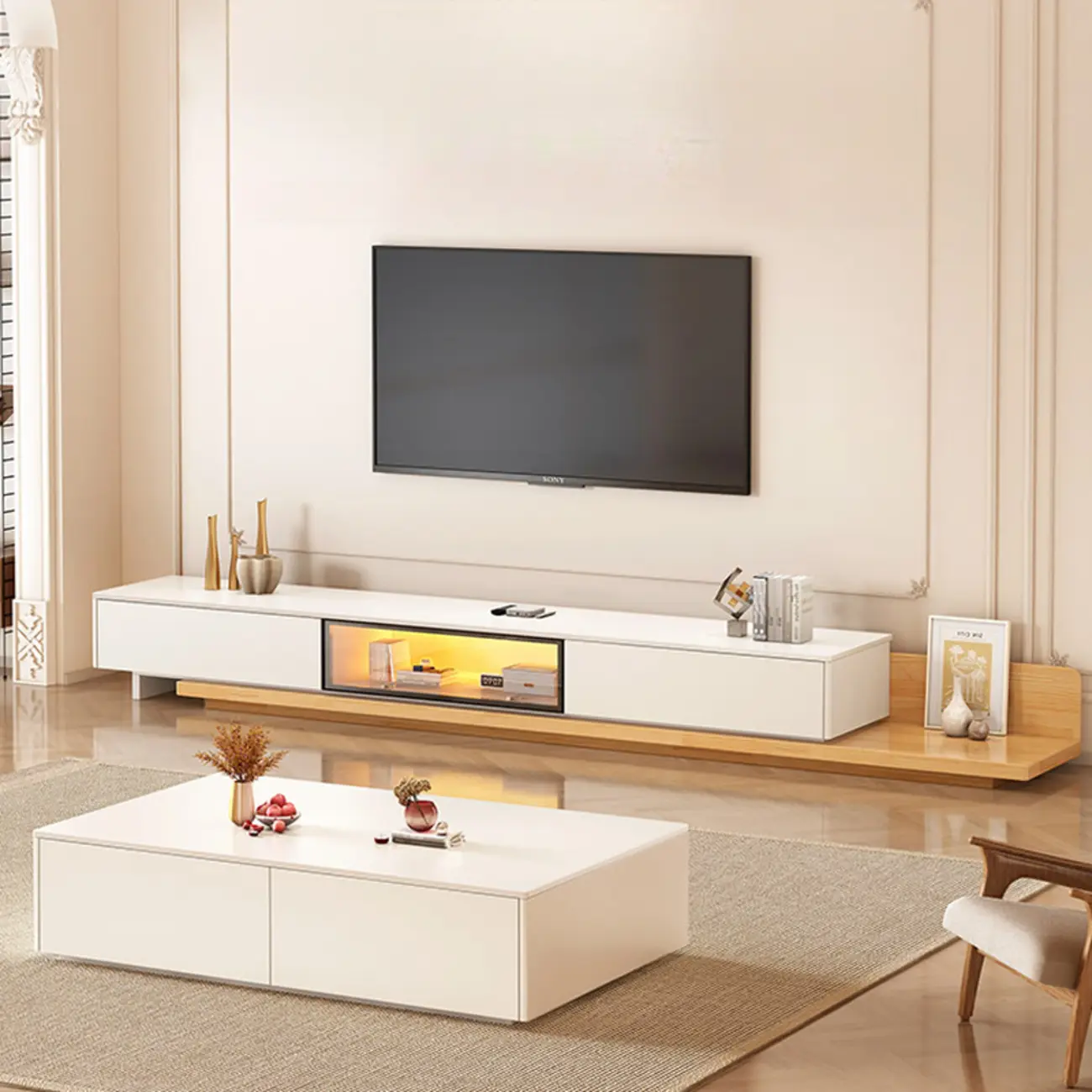 Modern Wooden TV Stand with Shelves and Drawers