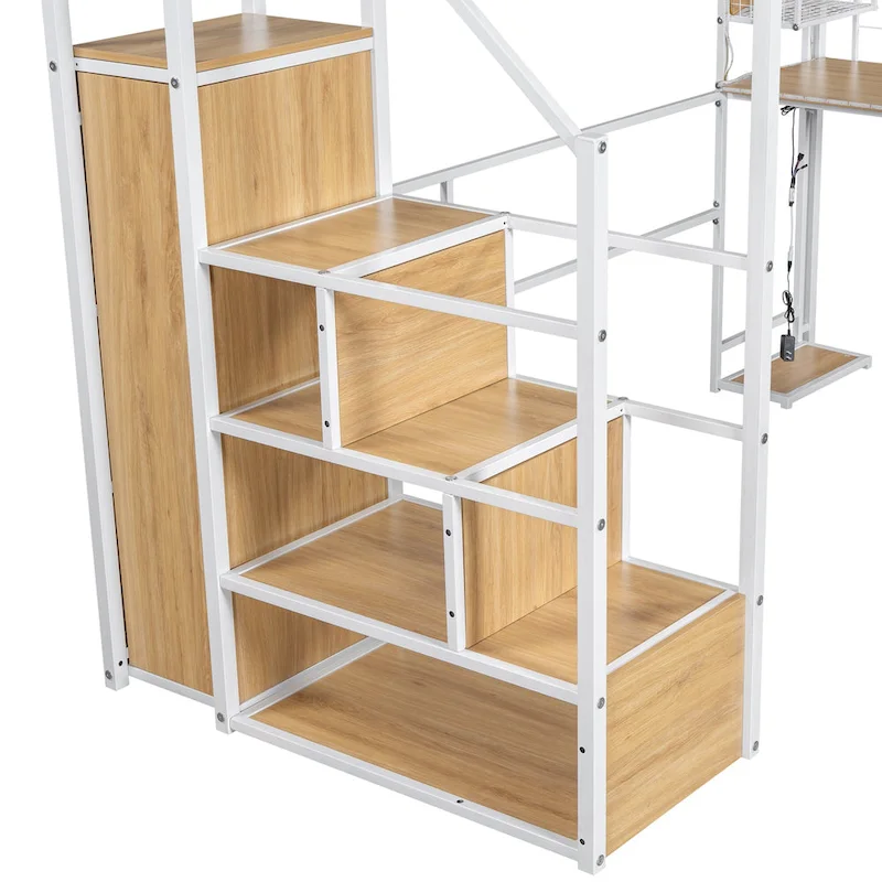 White Metal Loft Bed with Desk, Wardrobe & LED Lights, Twin/Full, 1-Person