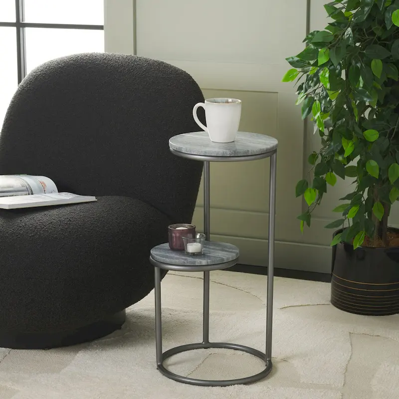 2-Tier Marble Round Top Drink Table, Grey, 13